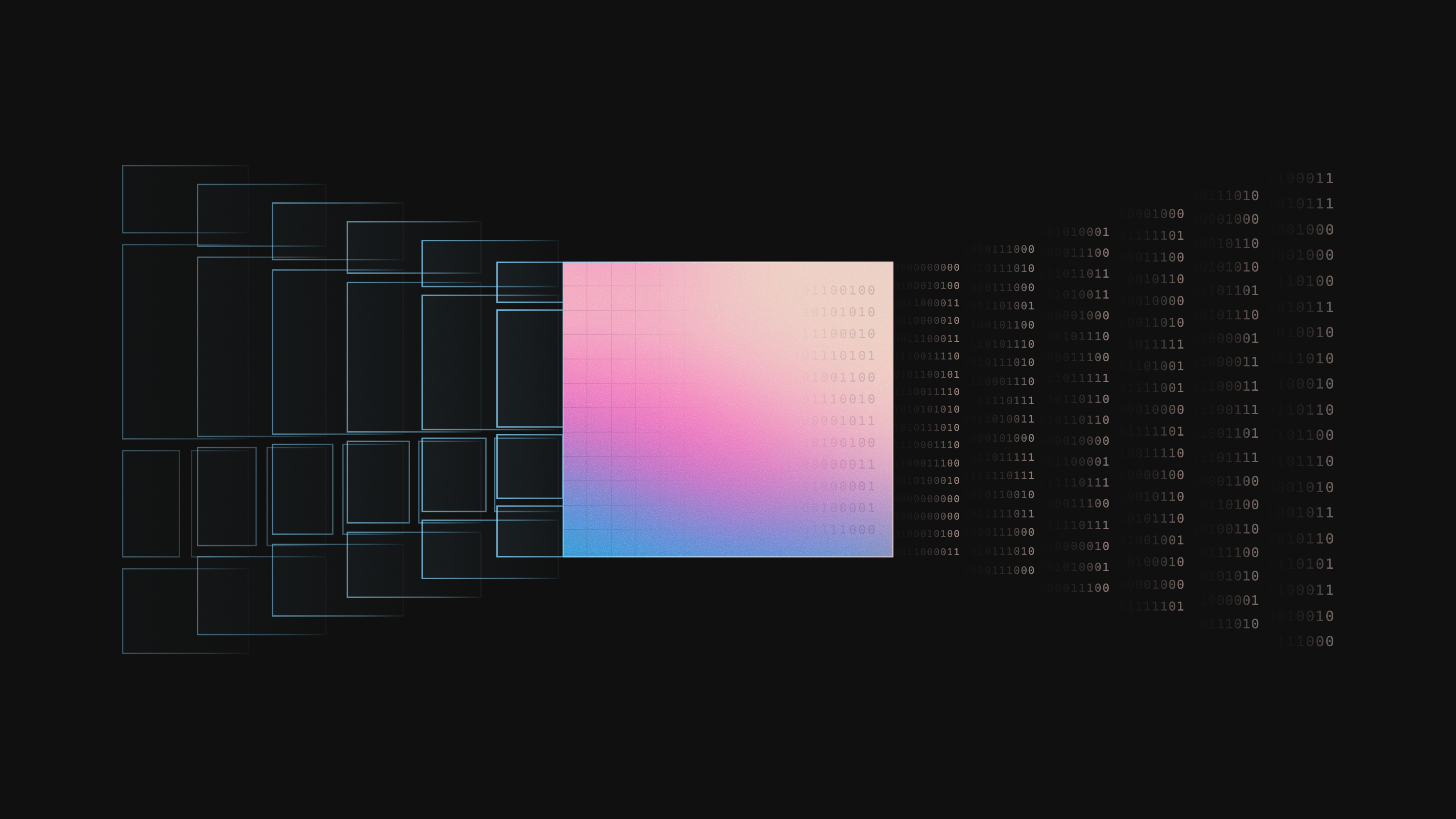 Layered wireframe artboards on the left resolve into a single pink and blue gradient block, which breaks apart into columns of binary digits on the right.