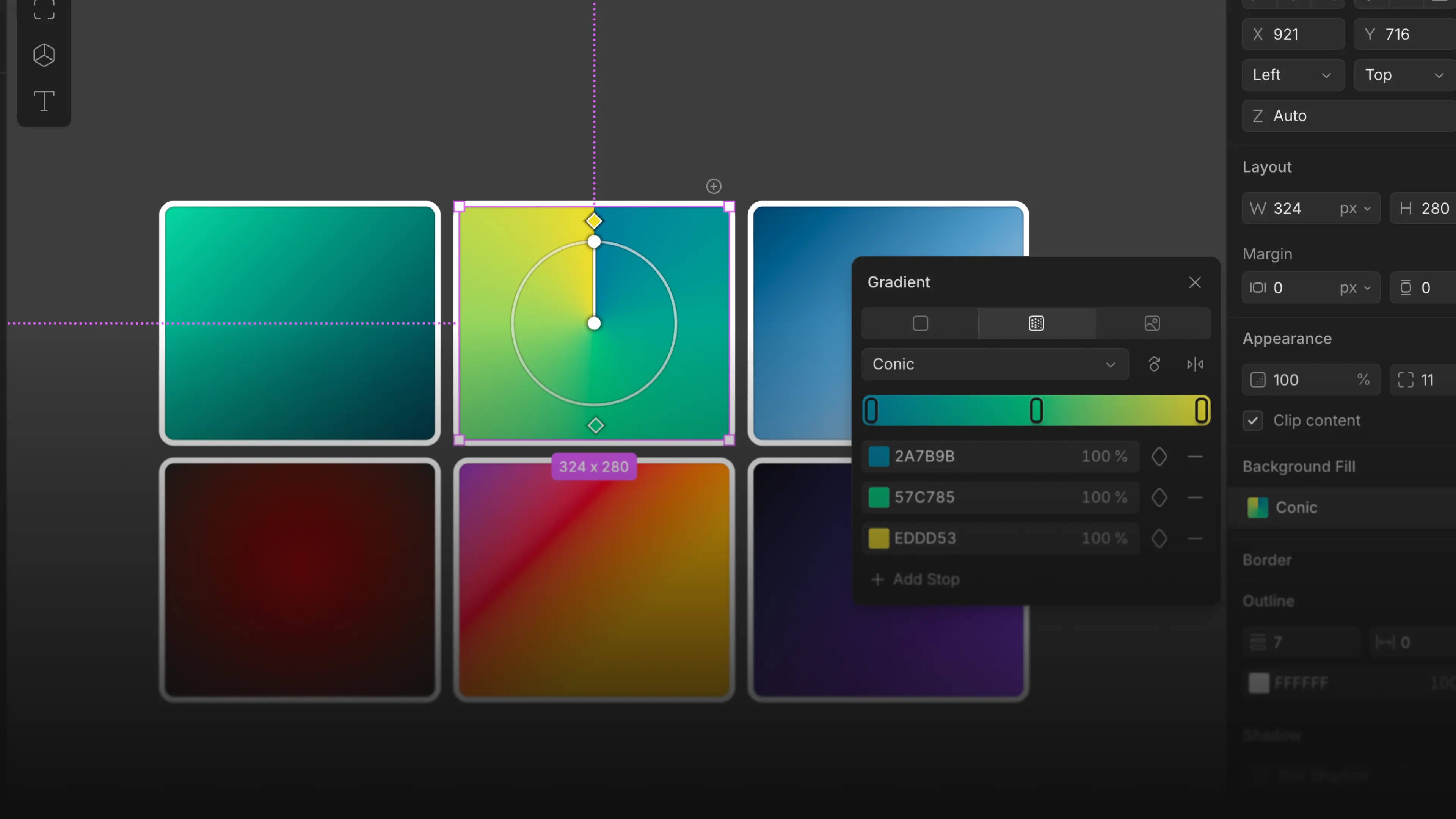Editing a gradient on the Wonder canvas alongside collaboration presence controls