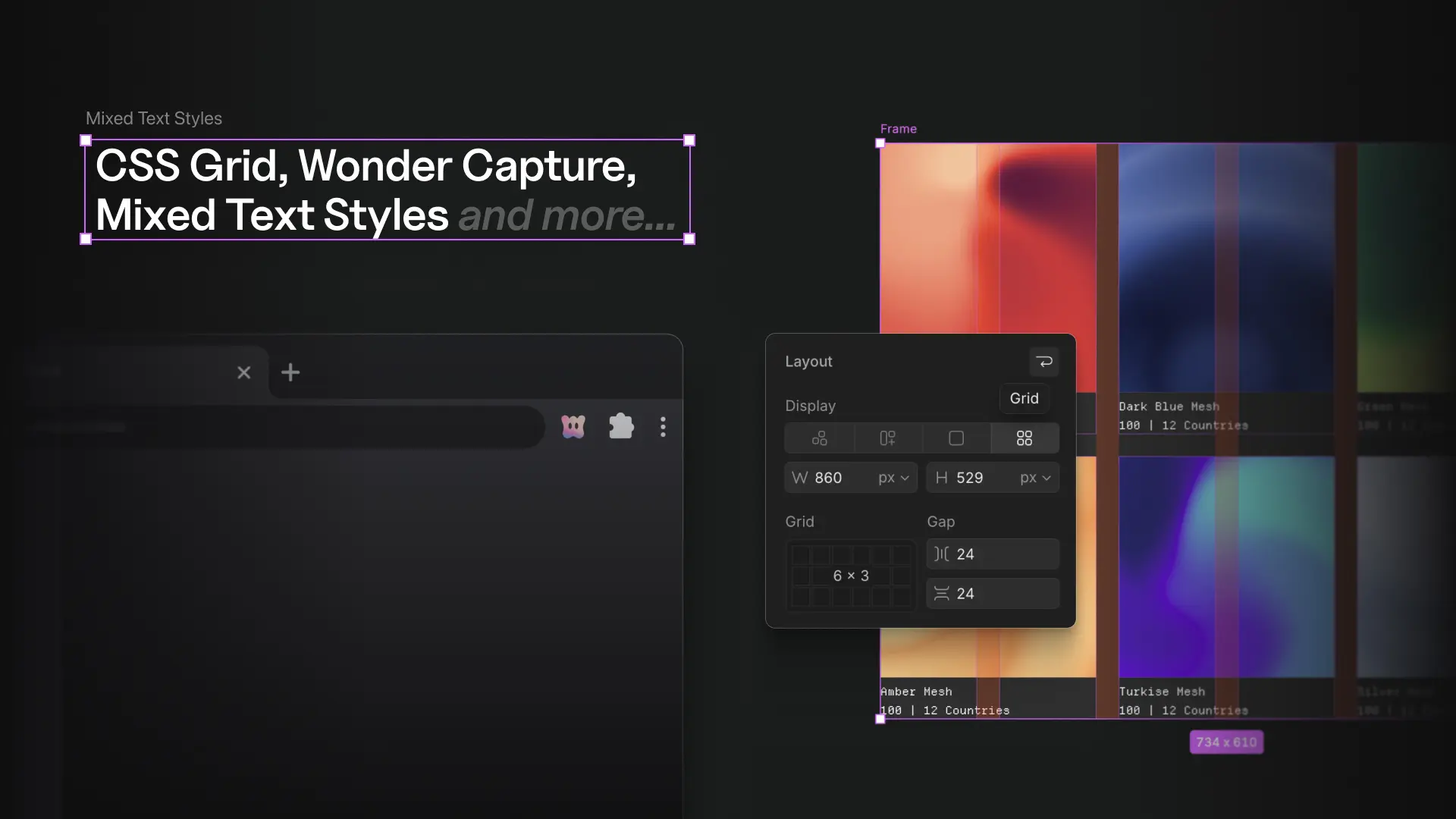 Grid layouts, the Wonder Capture browser extension, and mixed text styles on the Wonder canvas