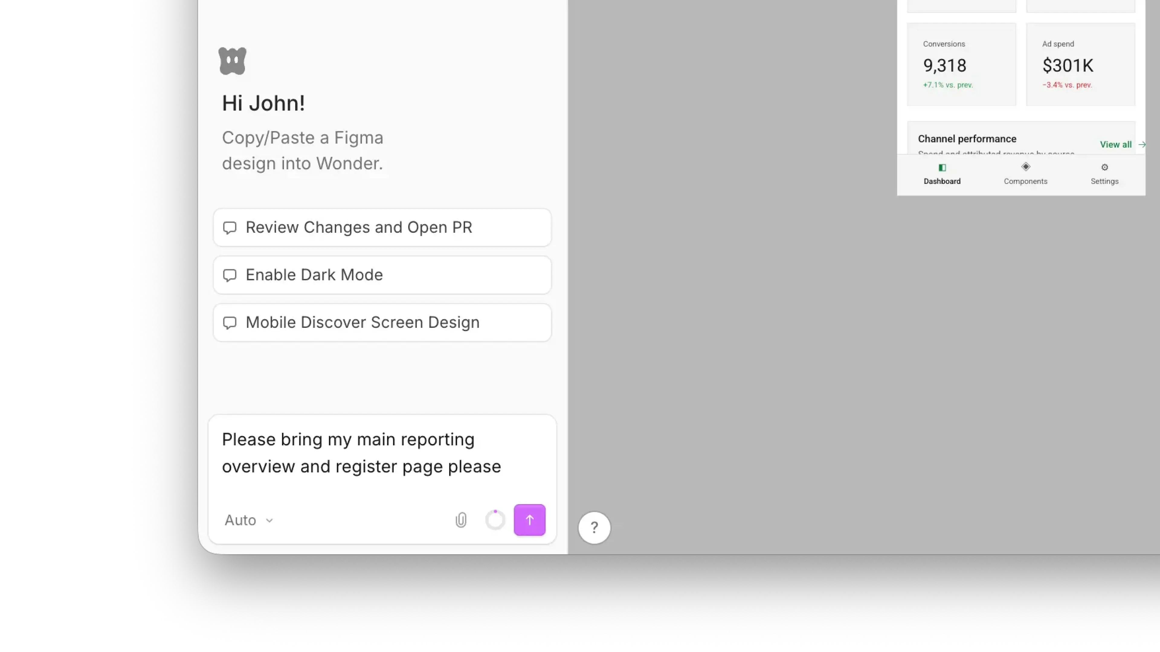 Prompting Wonder AI to bring reporting and register pages from a connected repository onto the canvas