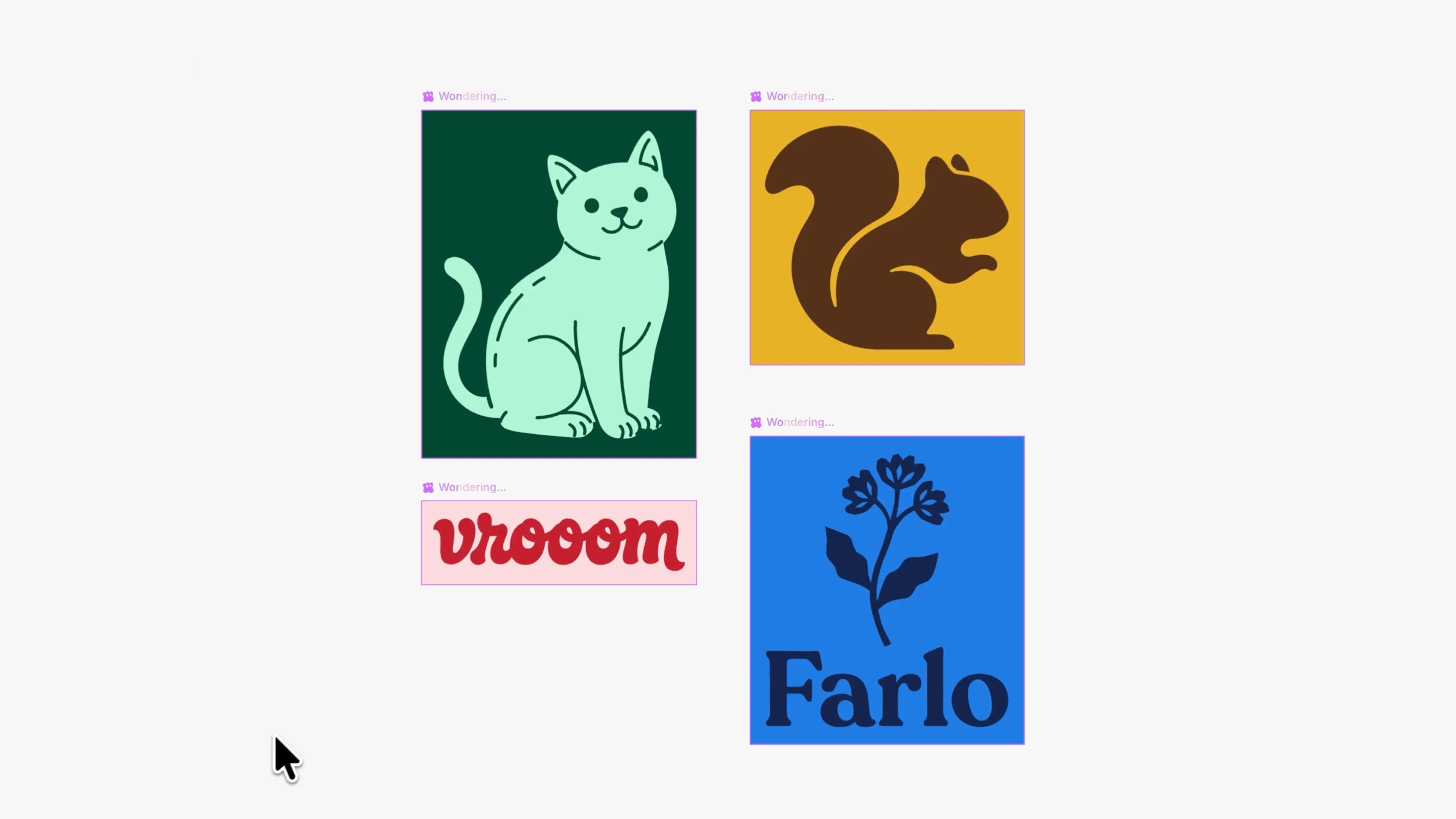 Four vectors generated by Quiver on the canvas: a cat, a squirrel, a 'vrooom' wordmark, and a 'Farlo' floral logo