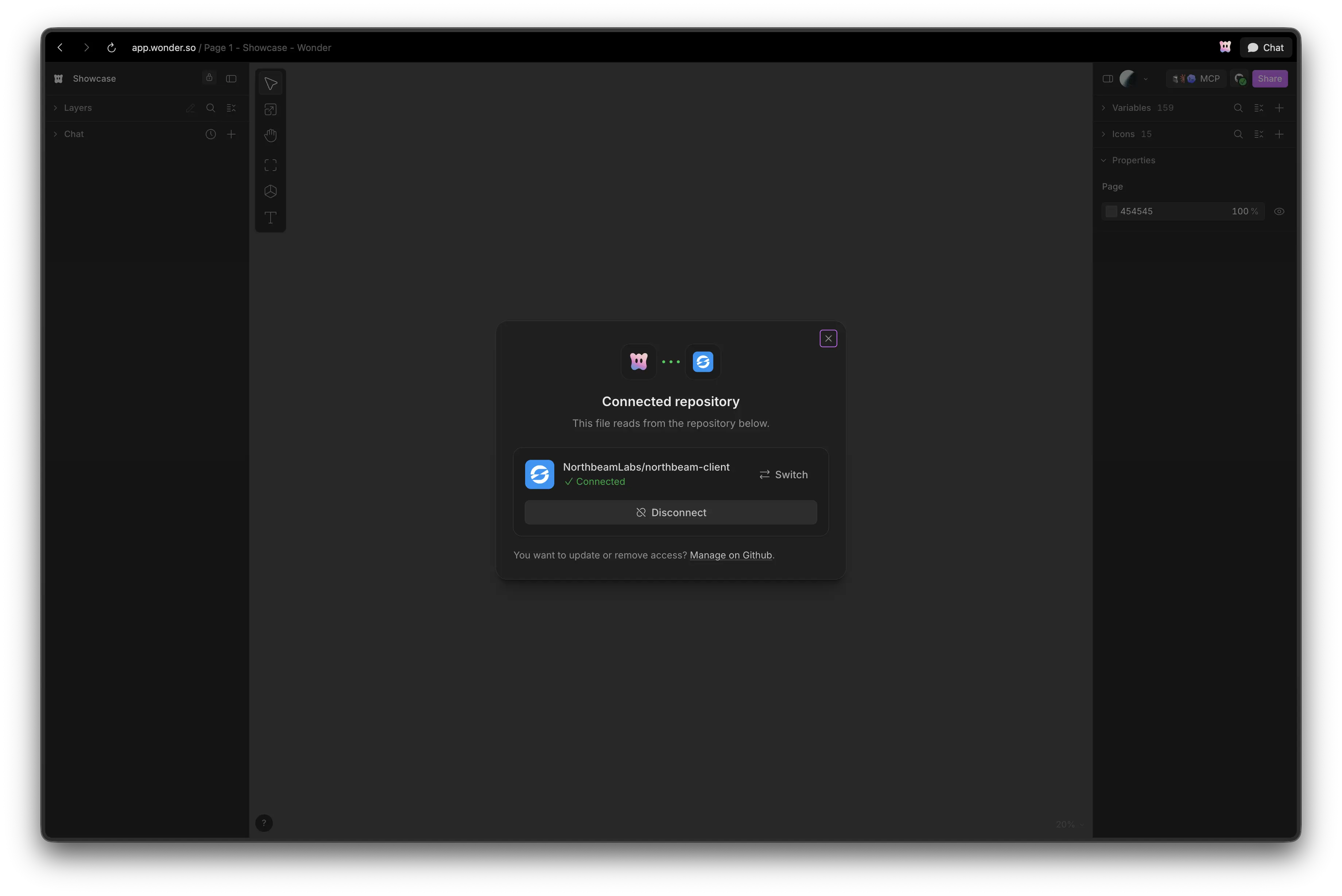 The connected repository panel showing Switch, Disconnect, and Manage on GitHub options
