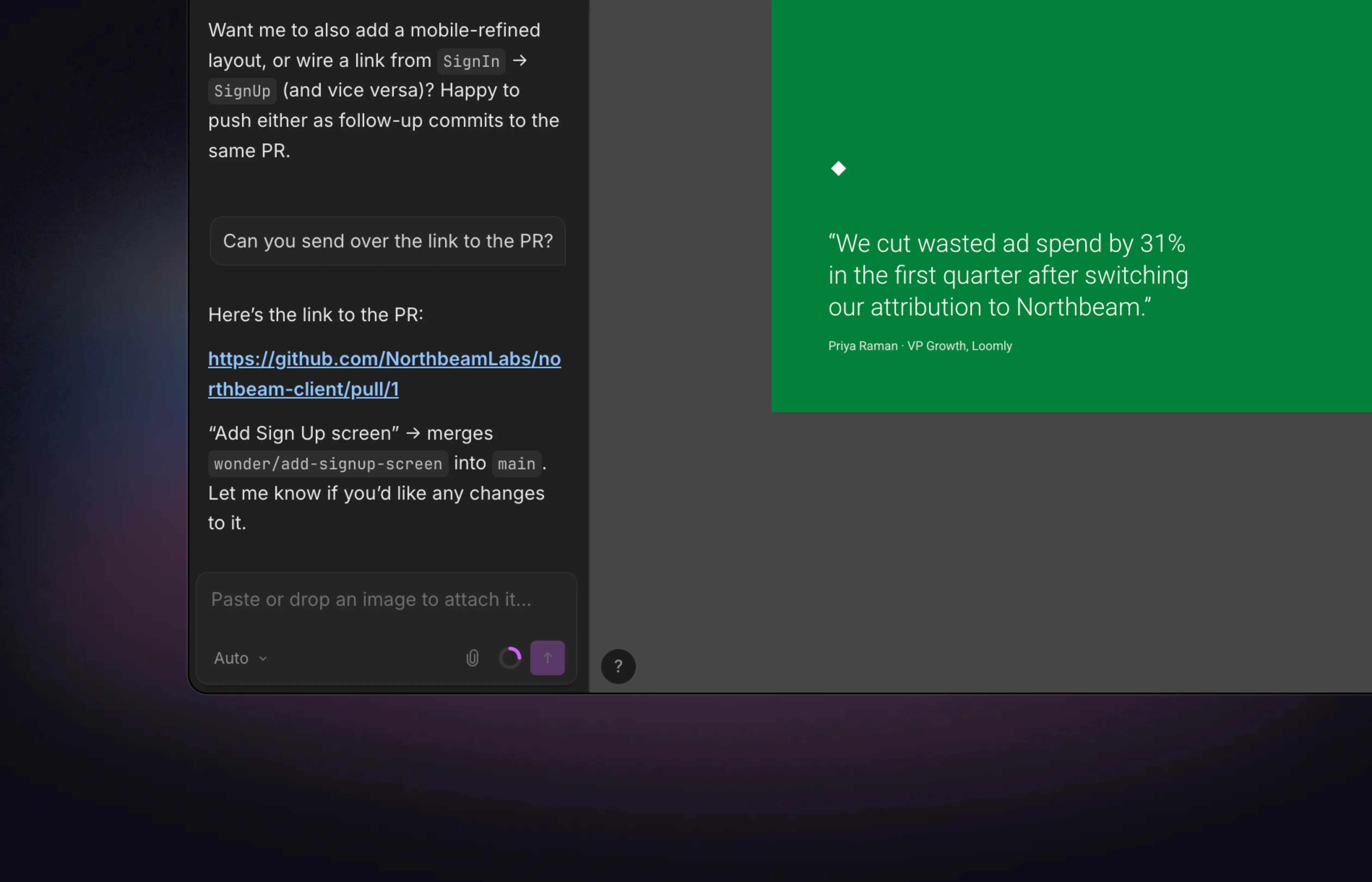 Wonder chat returning a link to the pull request it opened on GitHub