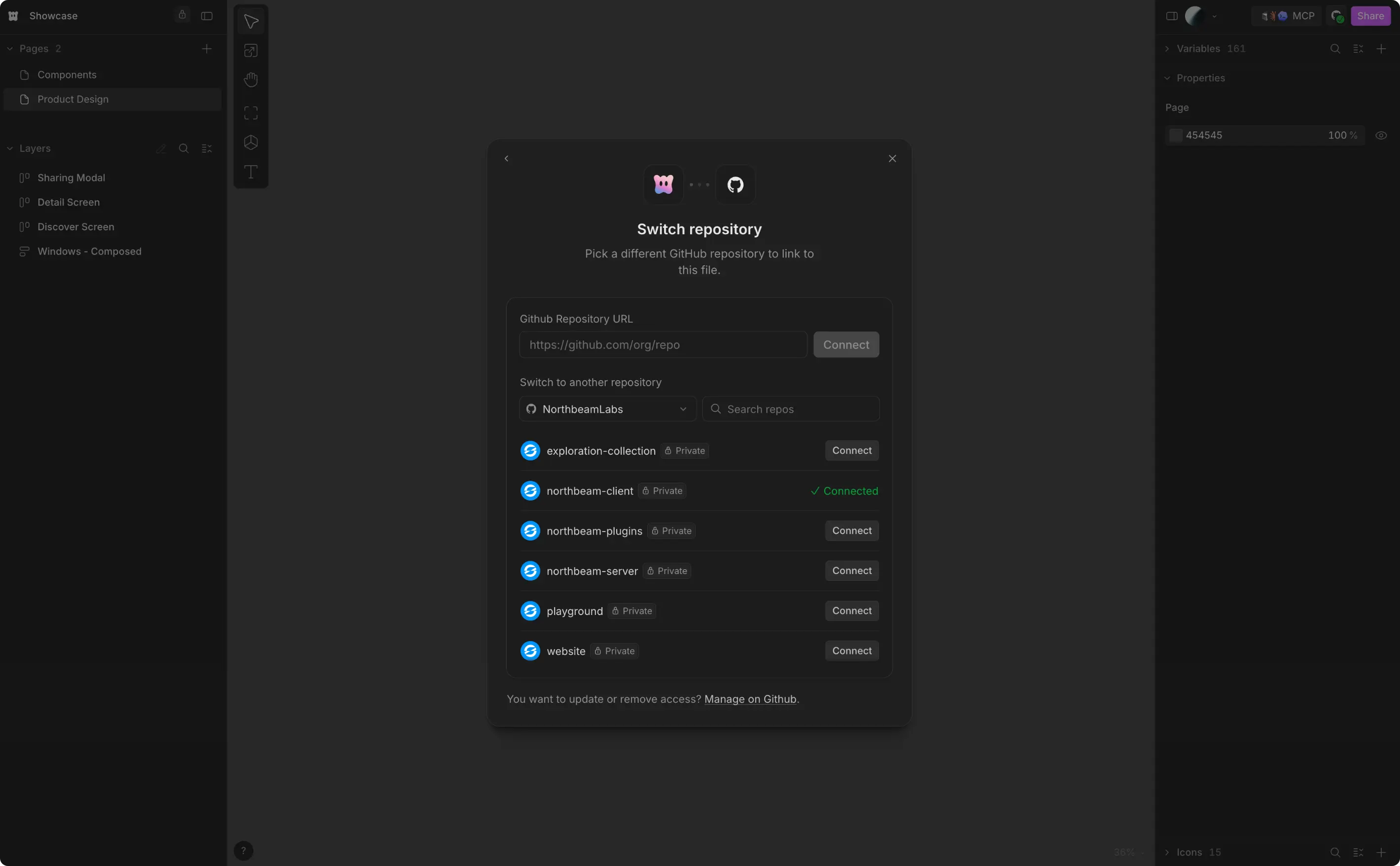 Switching the connected GitHub repository from inside a Wonder file