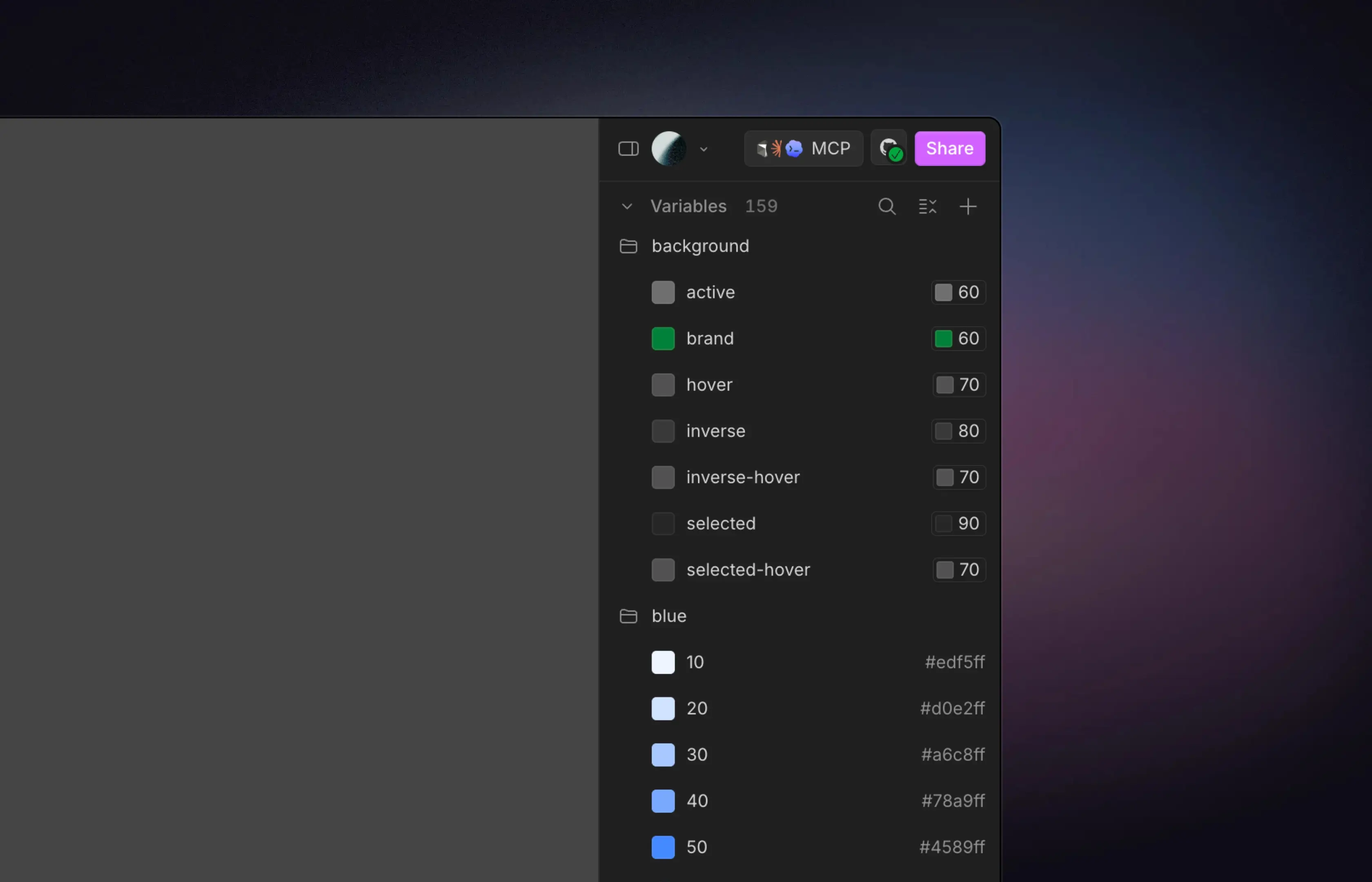 Variables and Icons panels imported into a Wonder Design Guide