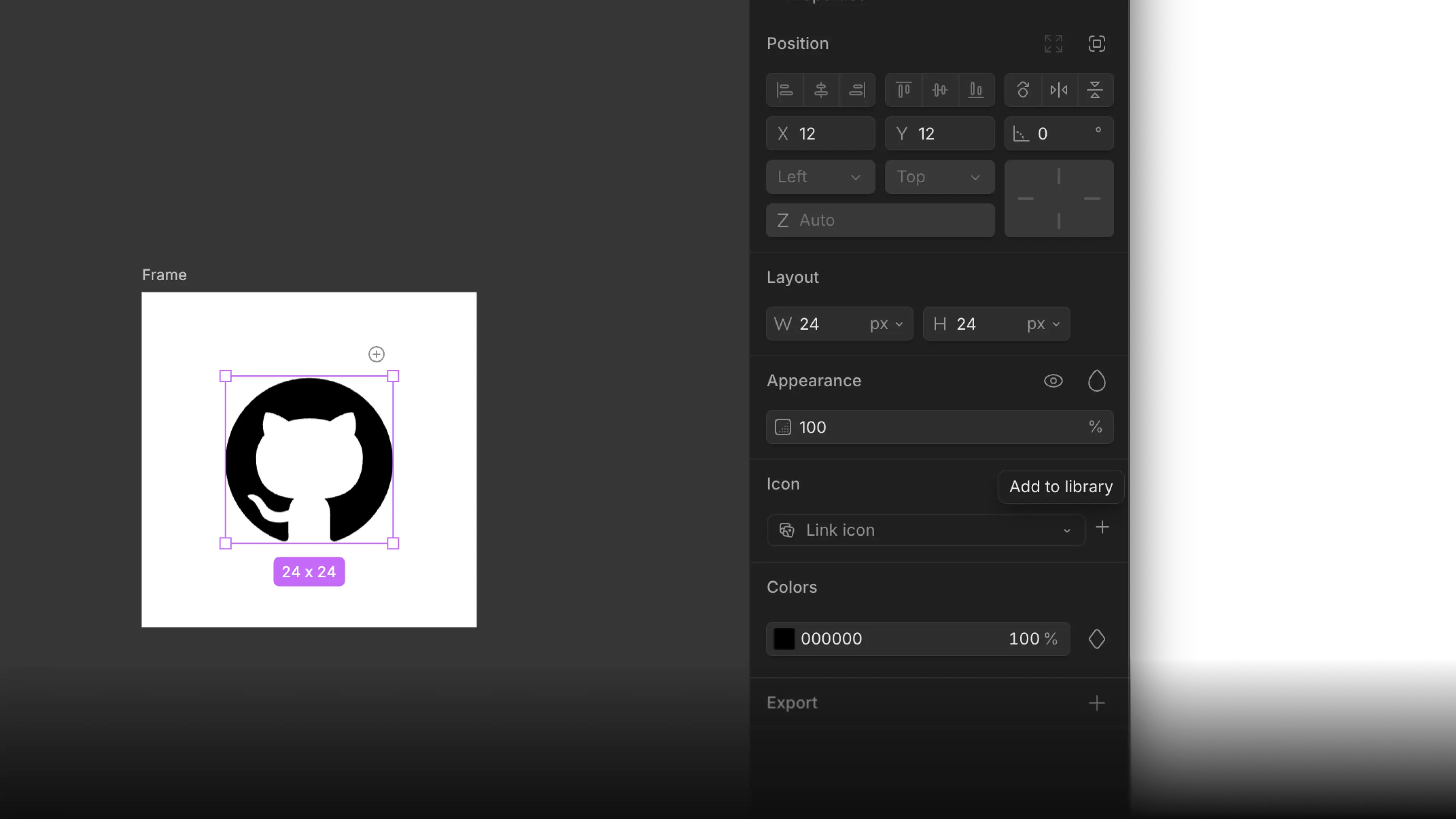 Turning a selected element into an icon with the Add to library button in the properties panel
