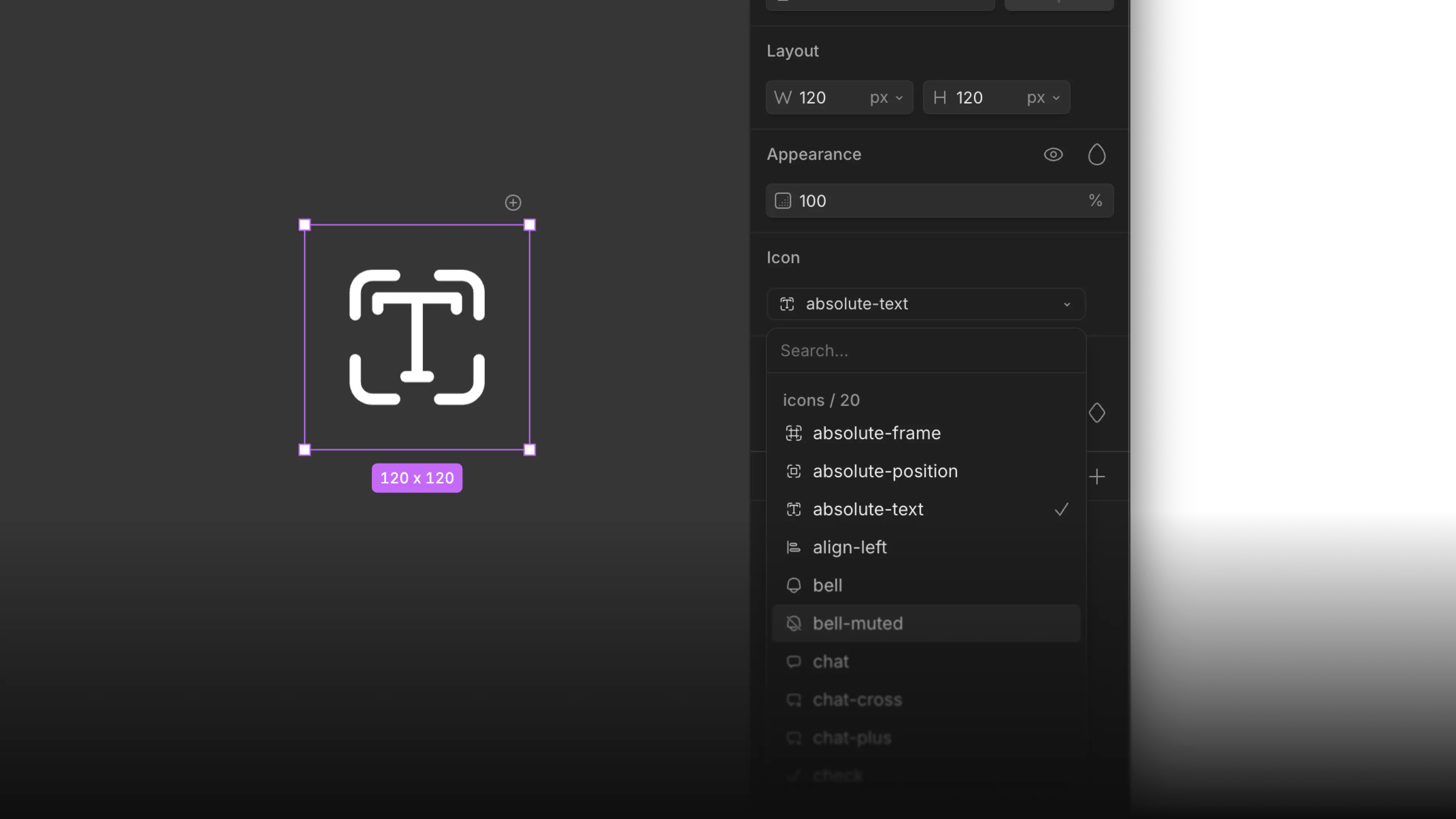 Choosing an icon from the file's library in the Icon dropdown, with a searchable list