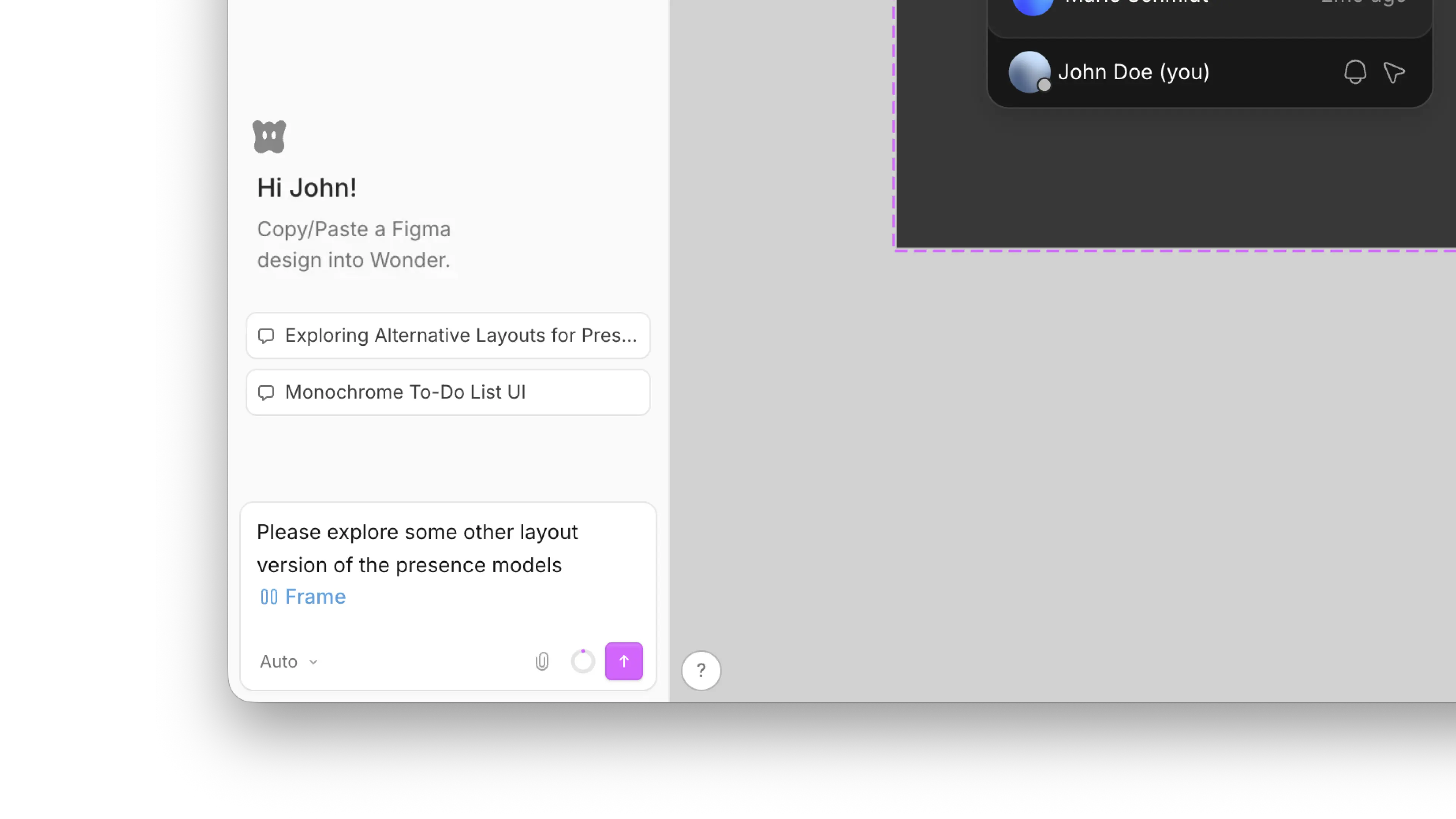 The Wonder AI chat panel greeting the user, with a prompt asking it to explore other layout versions and a frame selected on the canvas.