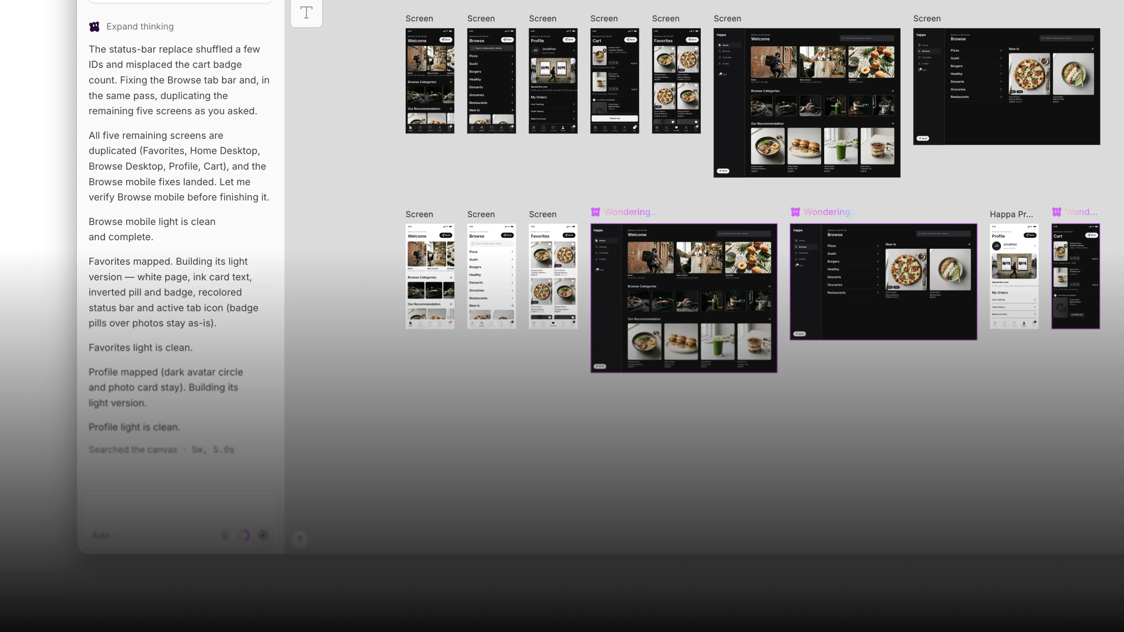 Several variations of the app's screens generated side by side on the Wonder canvas, with the AI chat's thinking log on the left.