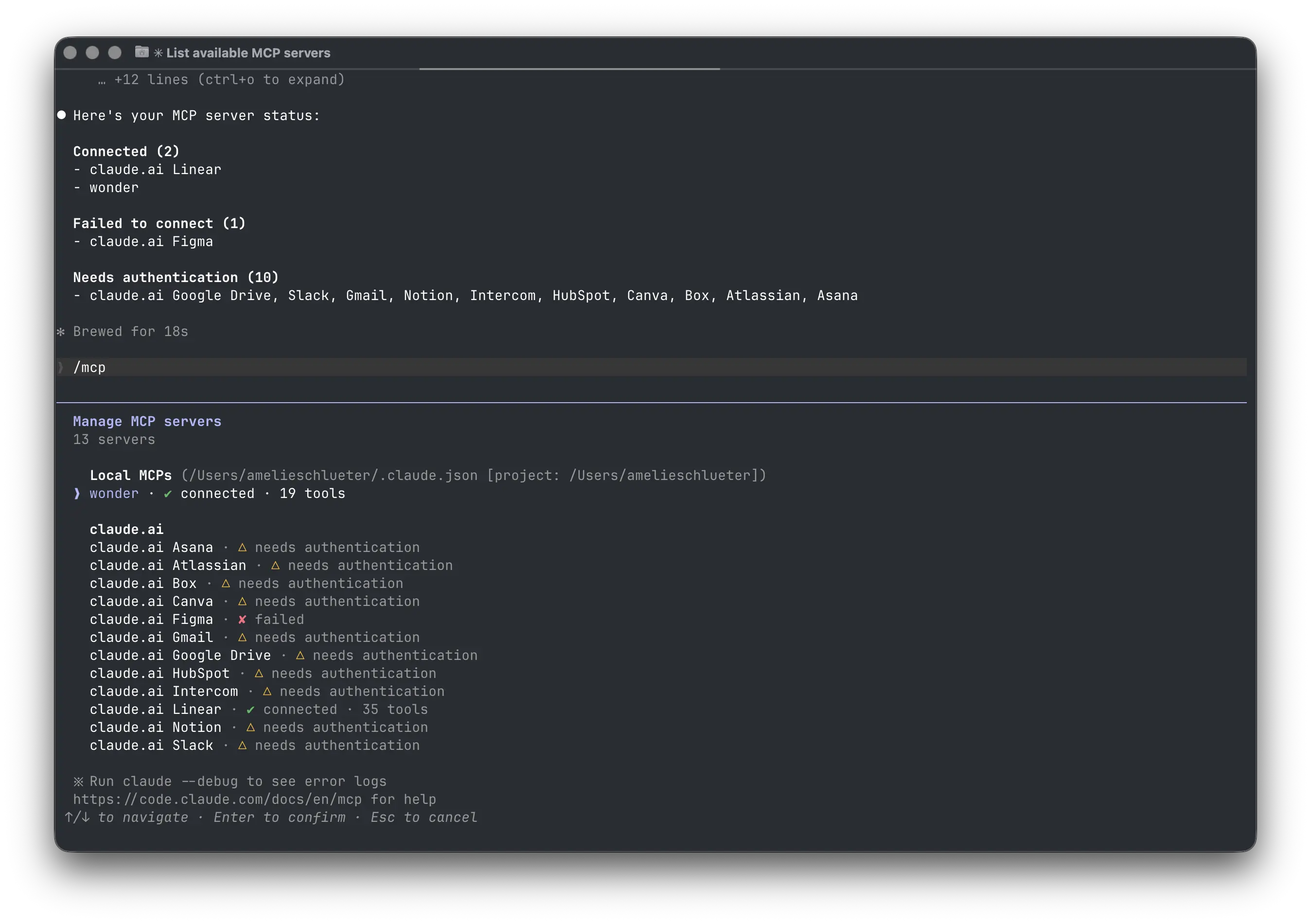 Wonder shown in Claude /mcp list