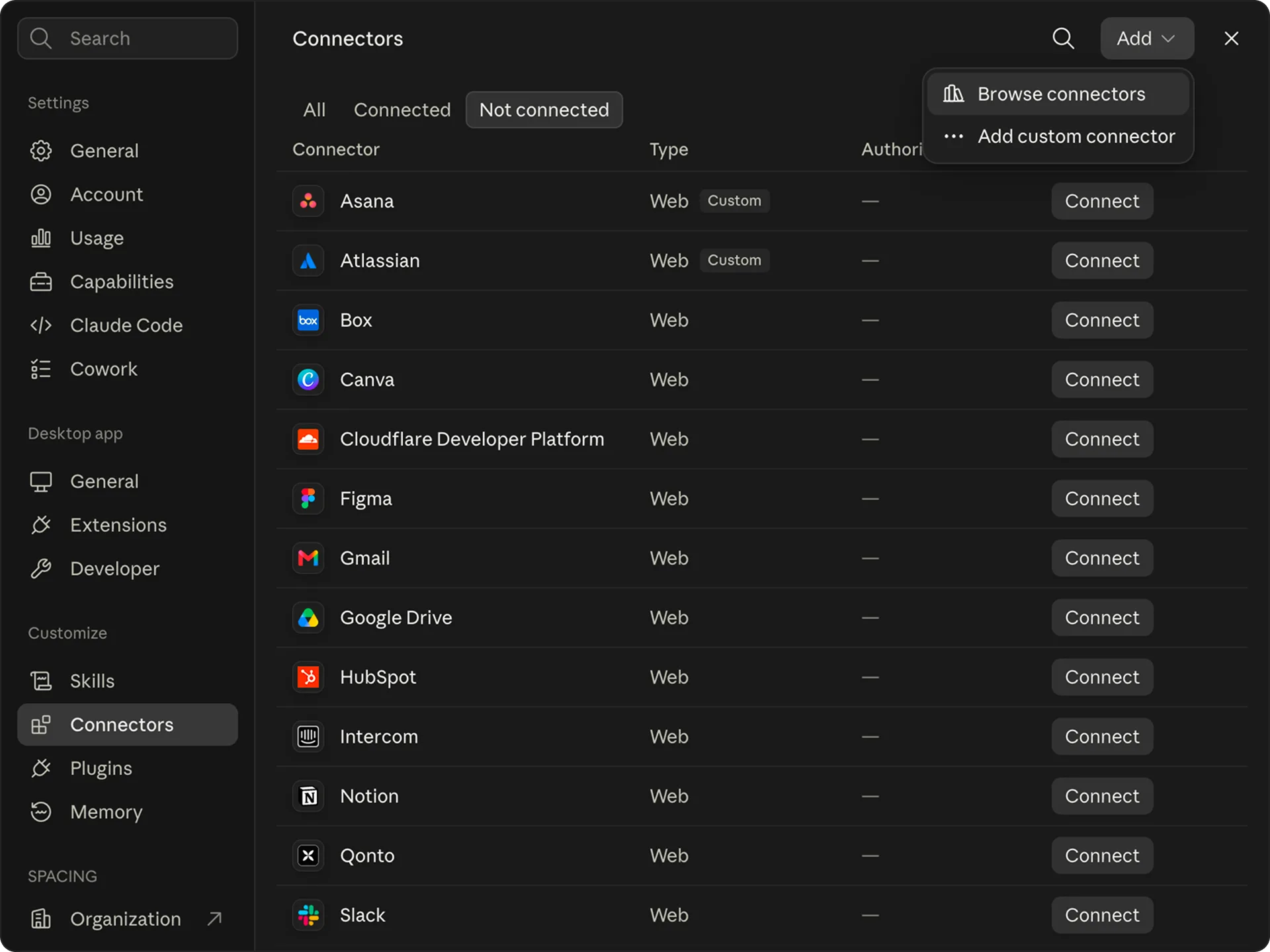 The Add menu in Claude Connectors settings showing Add custom connector