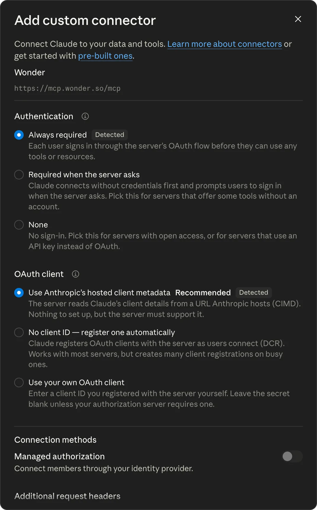 Claude custom connector authentication settings with Always required and Use Anthropic's hosted client metadata selected