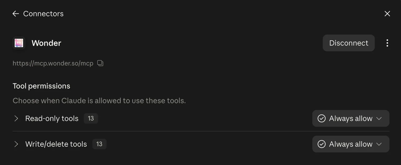 Wonder connector tool permissions with Read-only tools and Write/delete tools set to Always allow