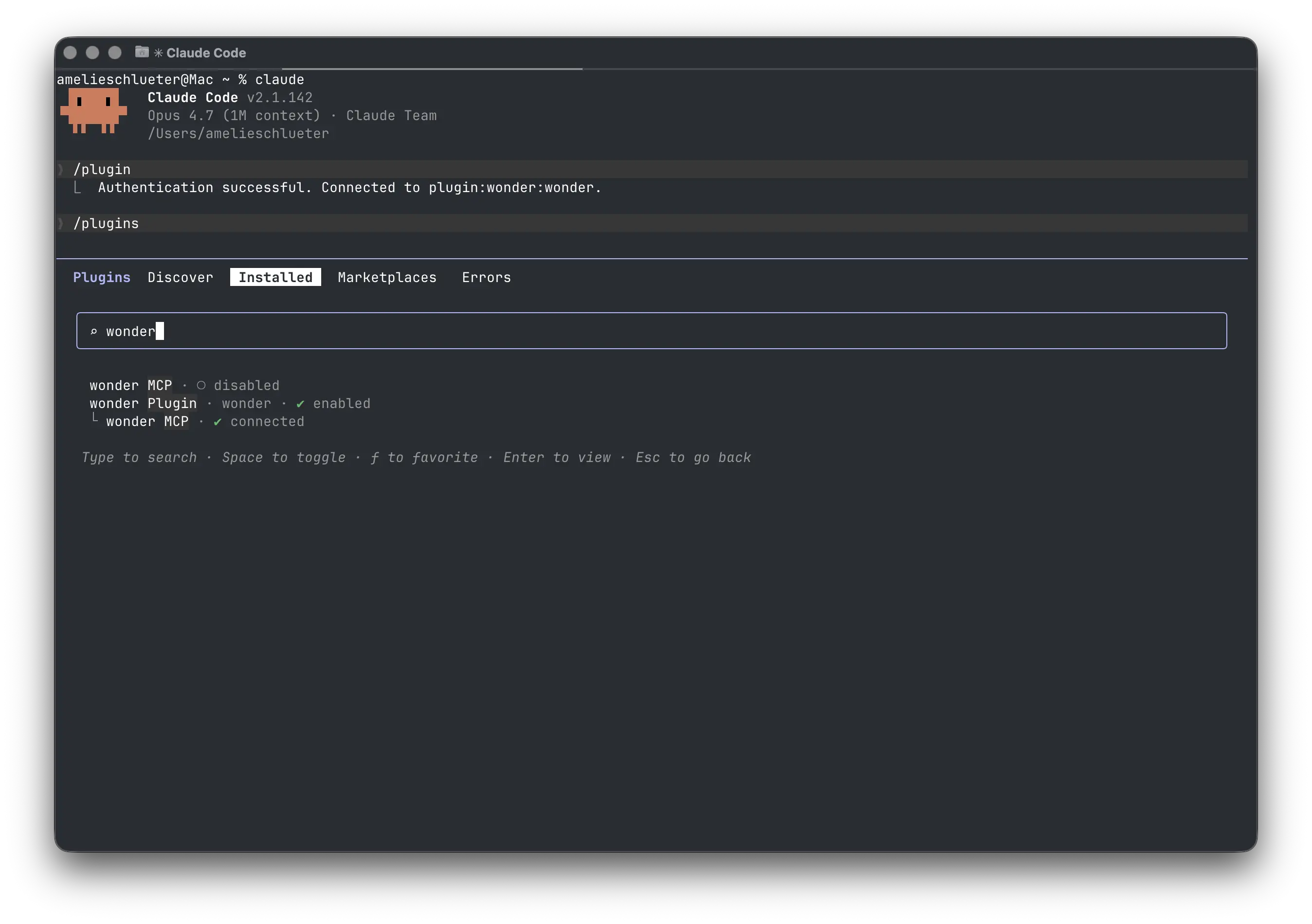 Wonder plugin installed in Claude Code