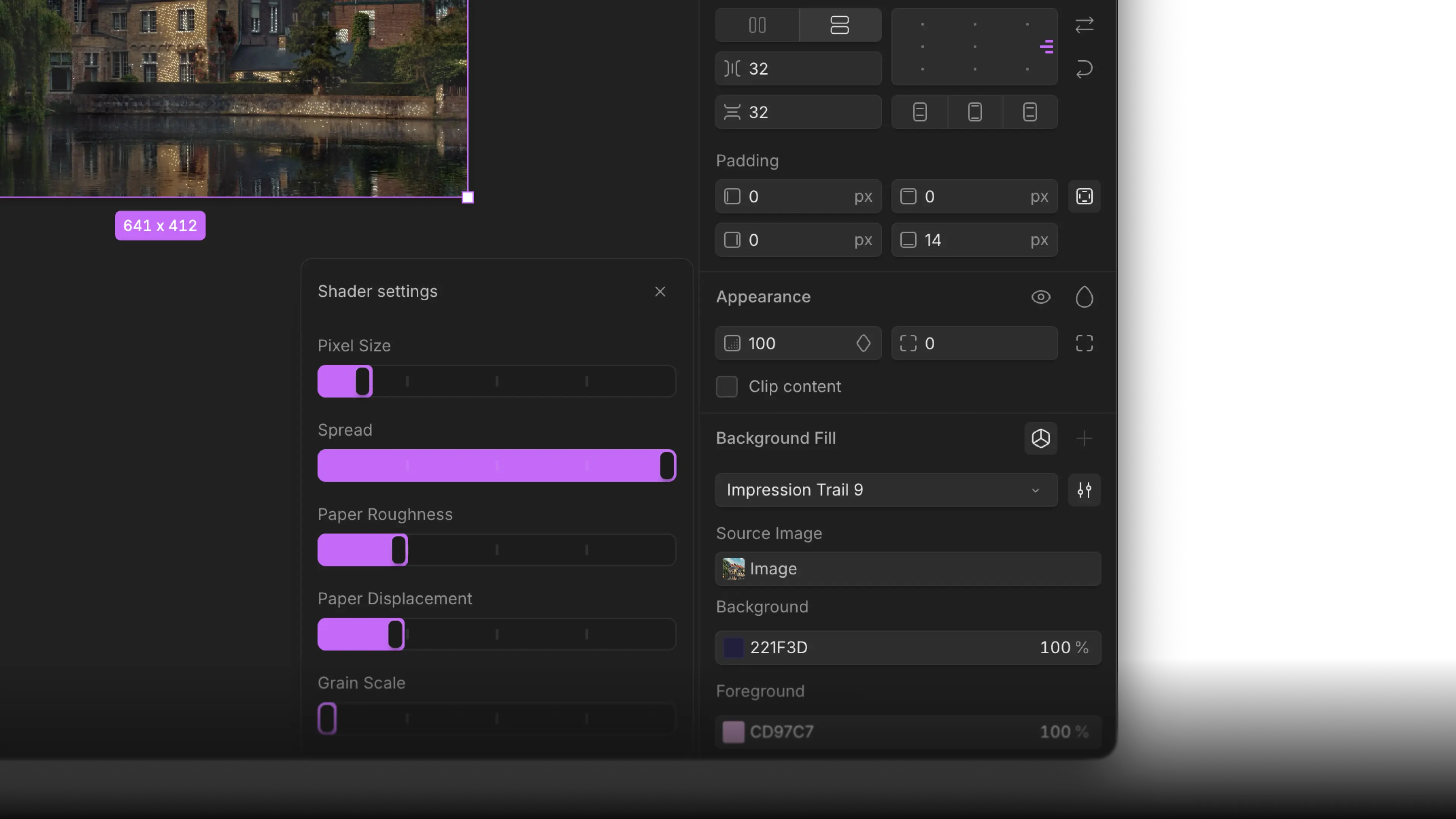 The Shader settings popover with sliders for pixel size, spread, paper roughness, displacement, and grain