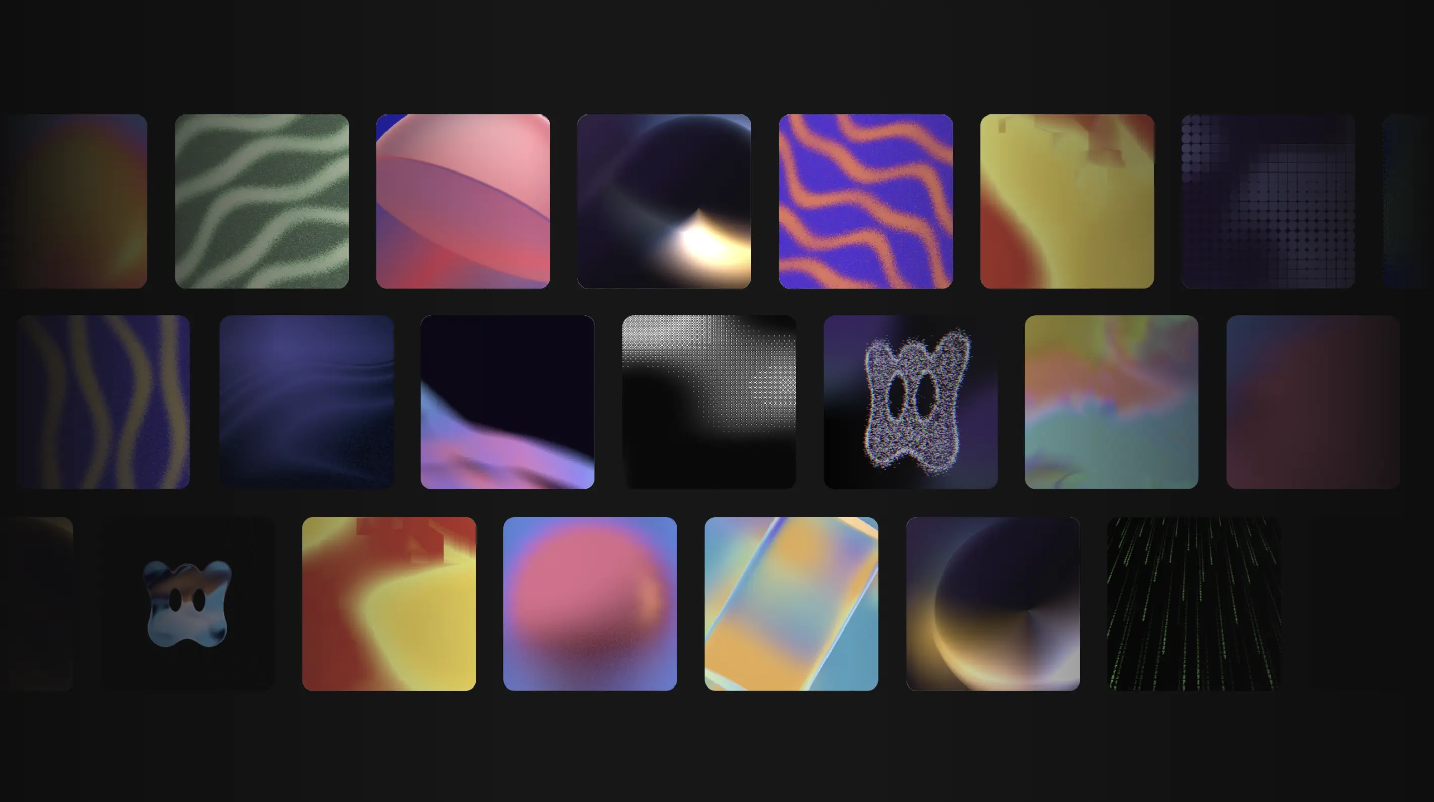 A grid of Wonder shader presets on a dark background: gradients, warps, halftone dots, grain, and metaball effects.