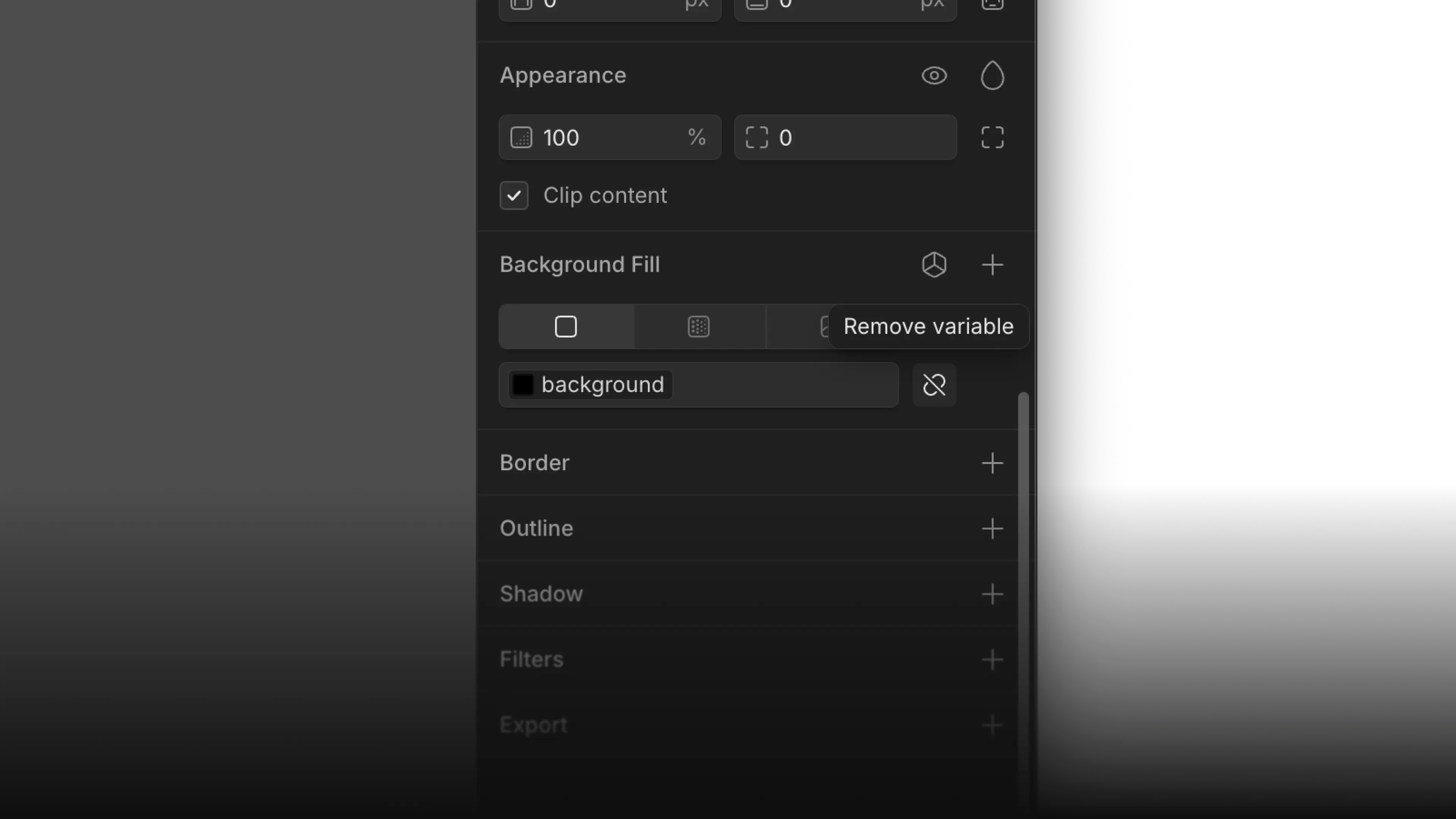 An attached background variable in Background Fill, showing the detach button and a Remove variable tooltip