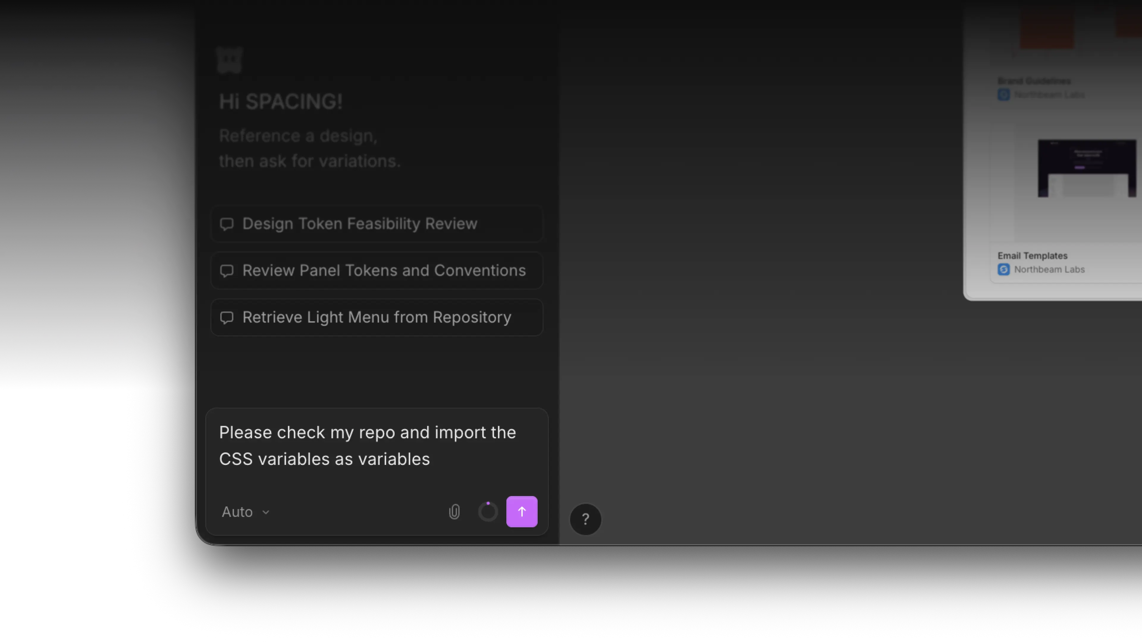 Prompting Wonder AI in the chat to check the repo and import its CSS variables as variables