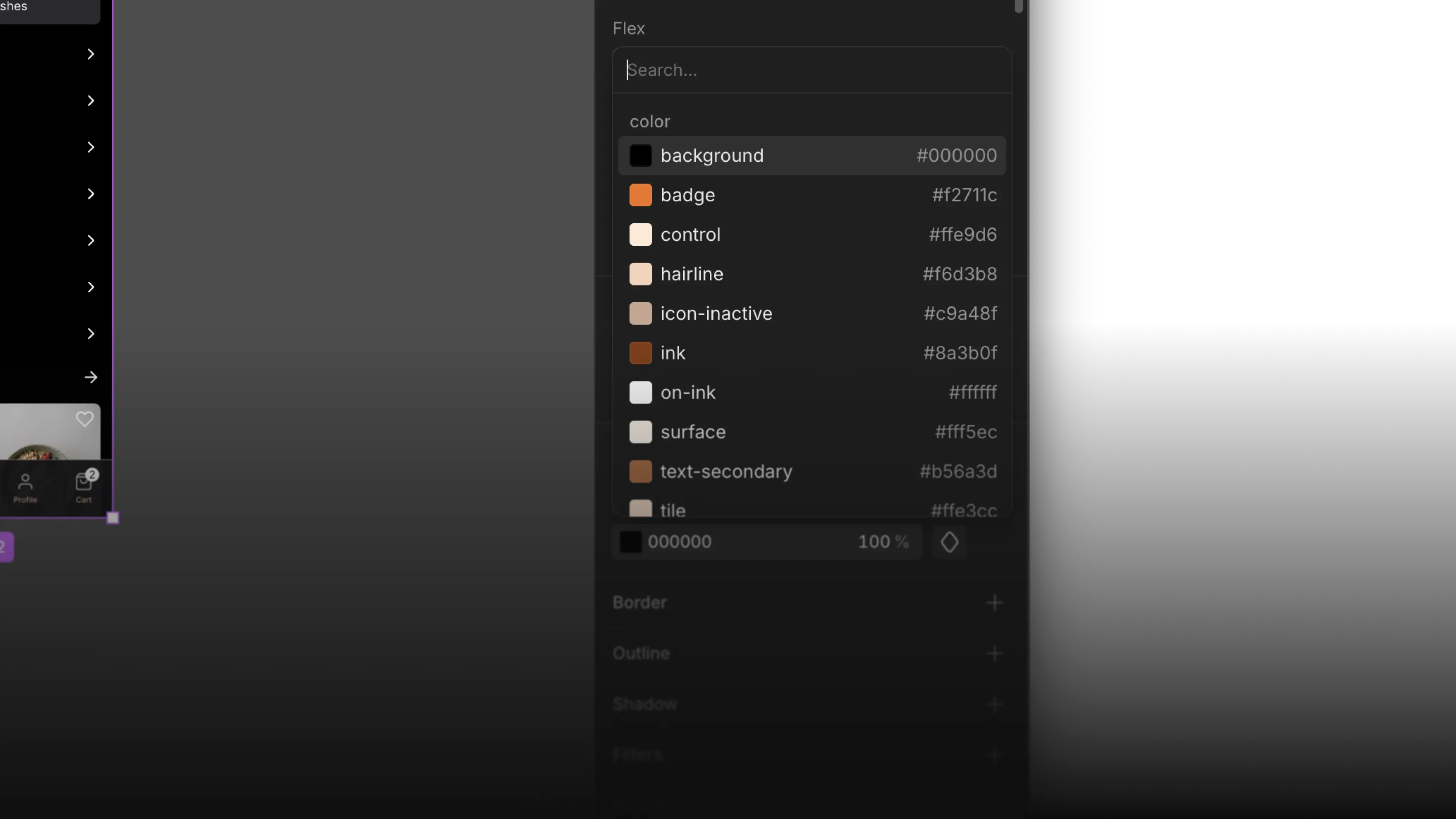 The variable picker open on a color property, listing the available color tokens