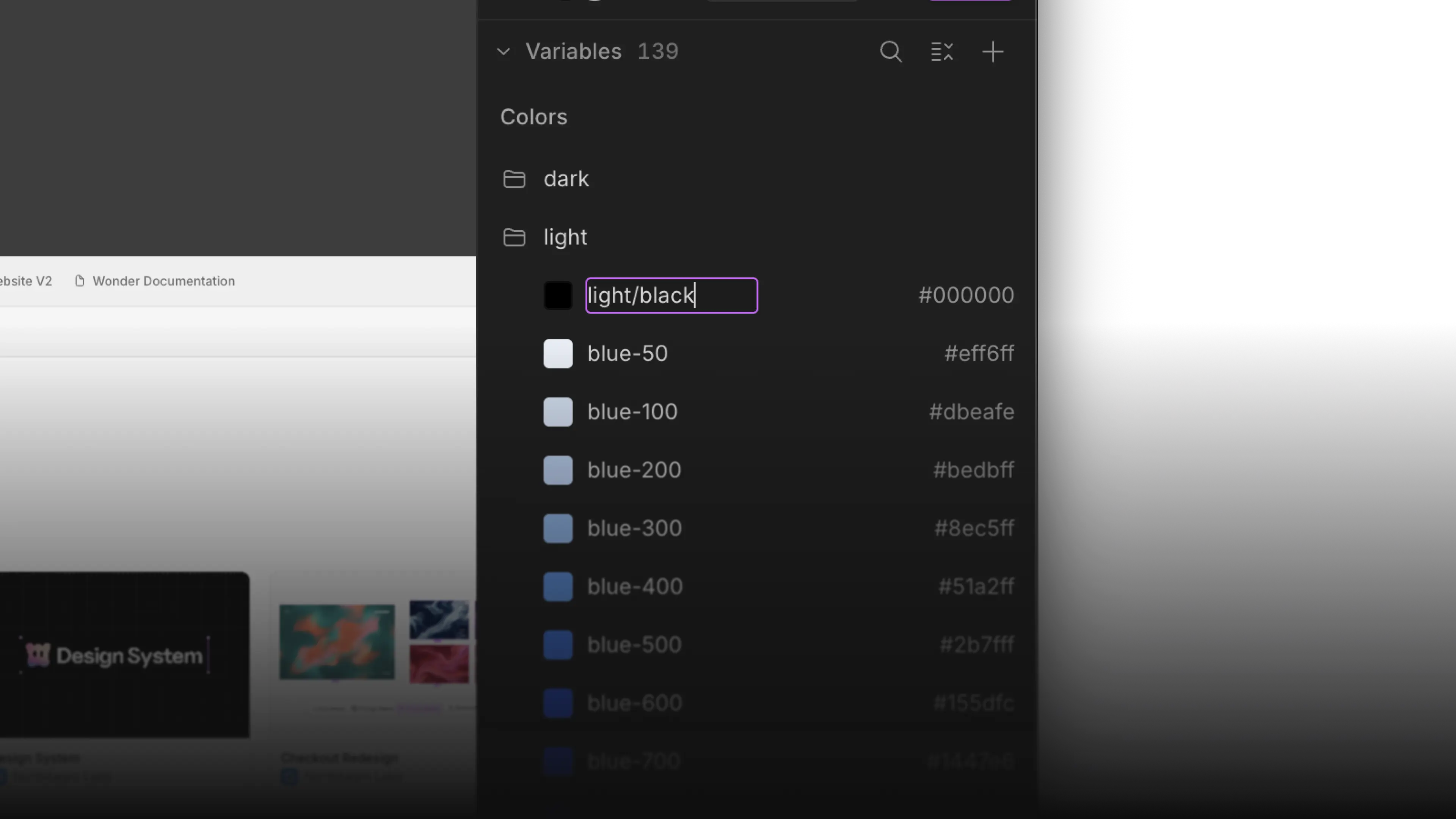 Renaming a color variable to light/black in the Variables panel, nesting it under a light folder